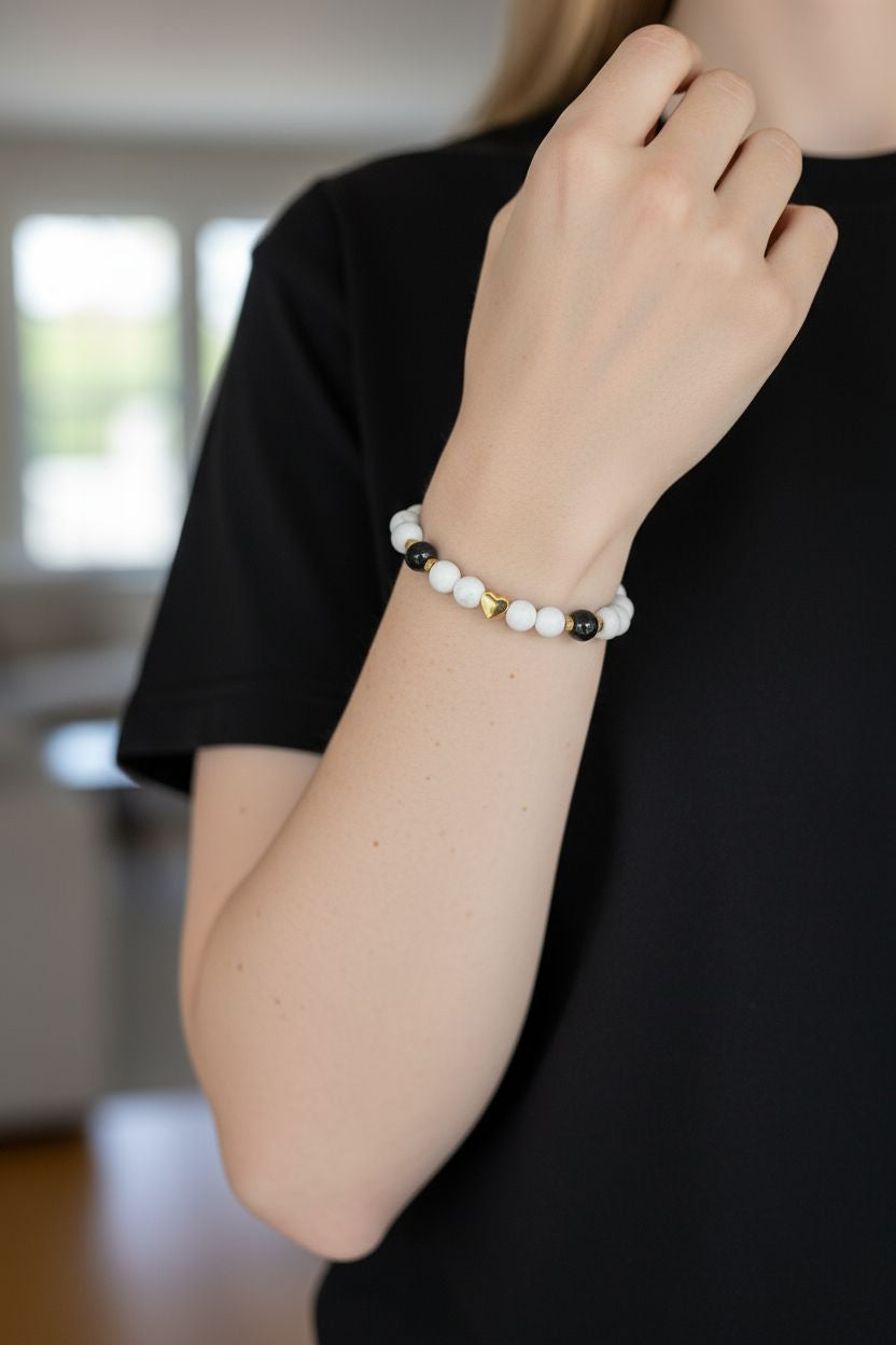 Bracelet en Howlite & Agate Noire – Harmonie & Protection