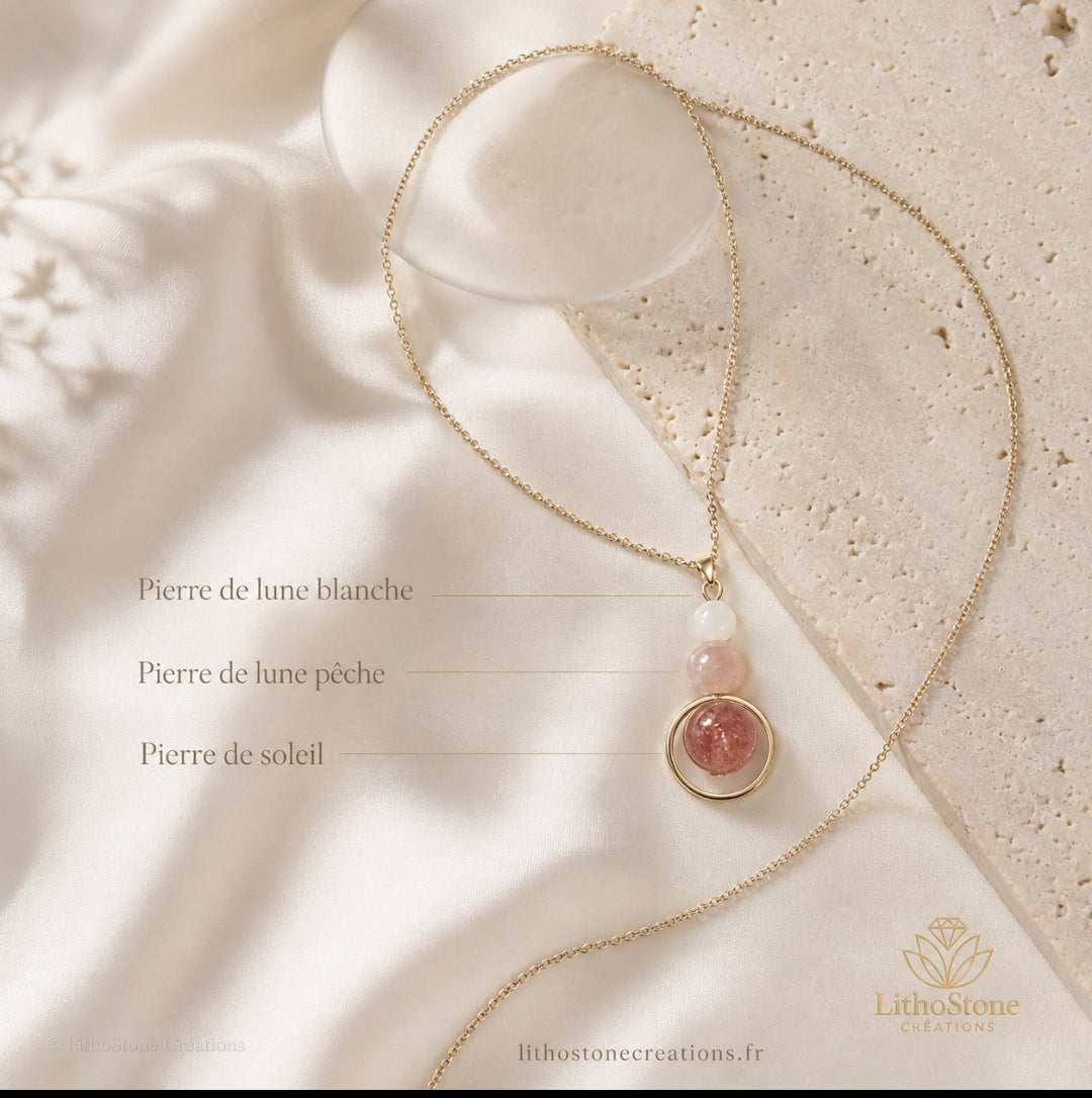 Collier Pendentif Pierre de Lune & Pierre de Soleil - Fait Main en France - Lithostone Creations