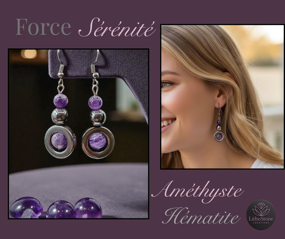 Boucles d’Oreilles Améthyste & Hématite – Harmonie et Protection