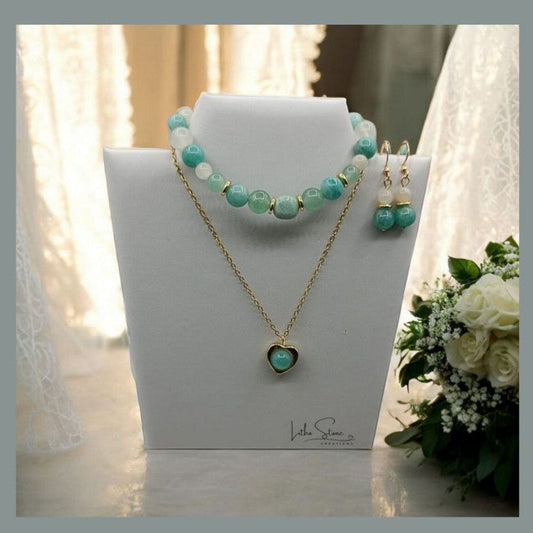 Parure Femme- Amazonite, Pierre de Lune & Aventurine – Douceur et Harmonie | Fait Main Lithostone Creations