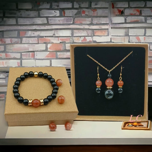 Parure en Pierre de Soleil et Agate noire. Pierres Naturelles. Faite à la main. Bijoux. Cadeaux.
