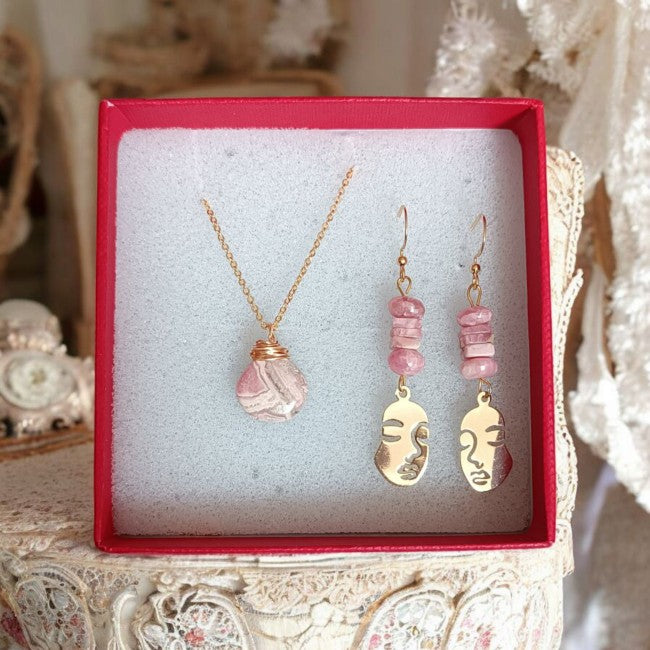 Parure Rhodochrosite – Collier & Boucles d'oreilles Pierres Naturelles Fait Main