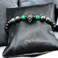 Bracelet Homme Tête de Loup – Hématite, Malachite & Agate Noire | Force & Protection | Fait Main Lithostone Creations