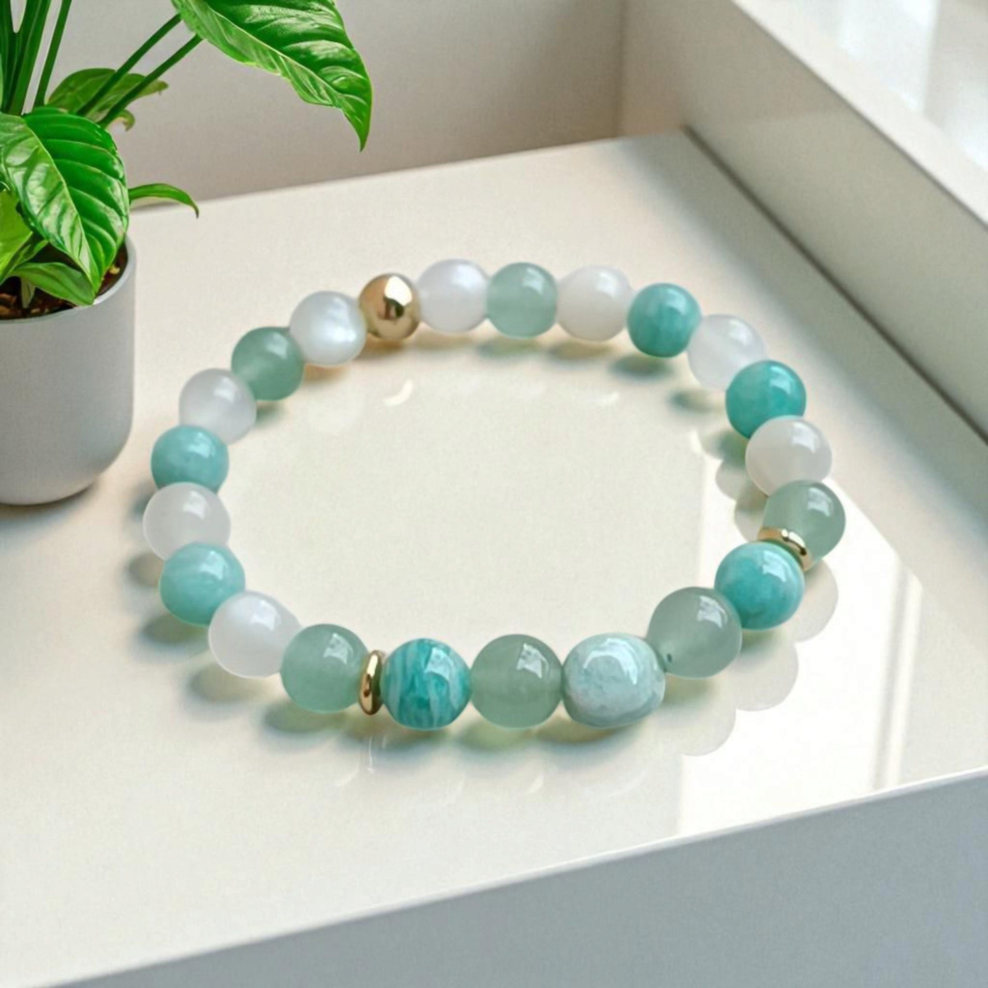 Bracelet Femme en Pierres Naturelles – Amazonite, Aventurine & Pierre de Lune - Douceur, Harmonie, Intuition - Bijou Énergétique Fait à la Main Lithostone Creations