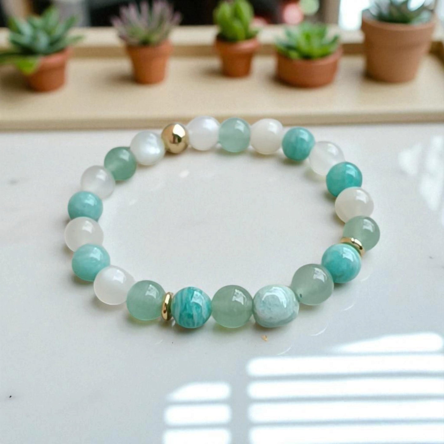 Bracelet Femme en Pierres Naturelles – Amazonite, Aventurine & Pierre de Lune - Douceur, Harmonie, Intuition - Bijou Énergétique Fait à la Main Lithostone Creations