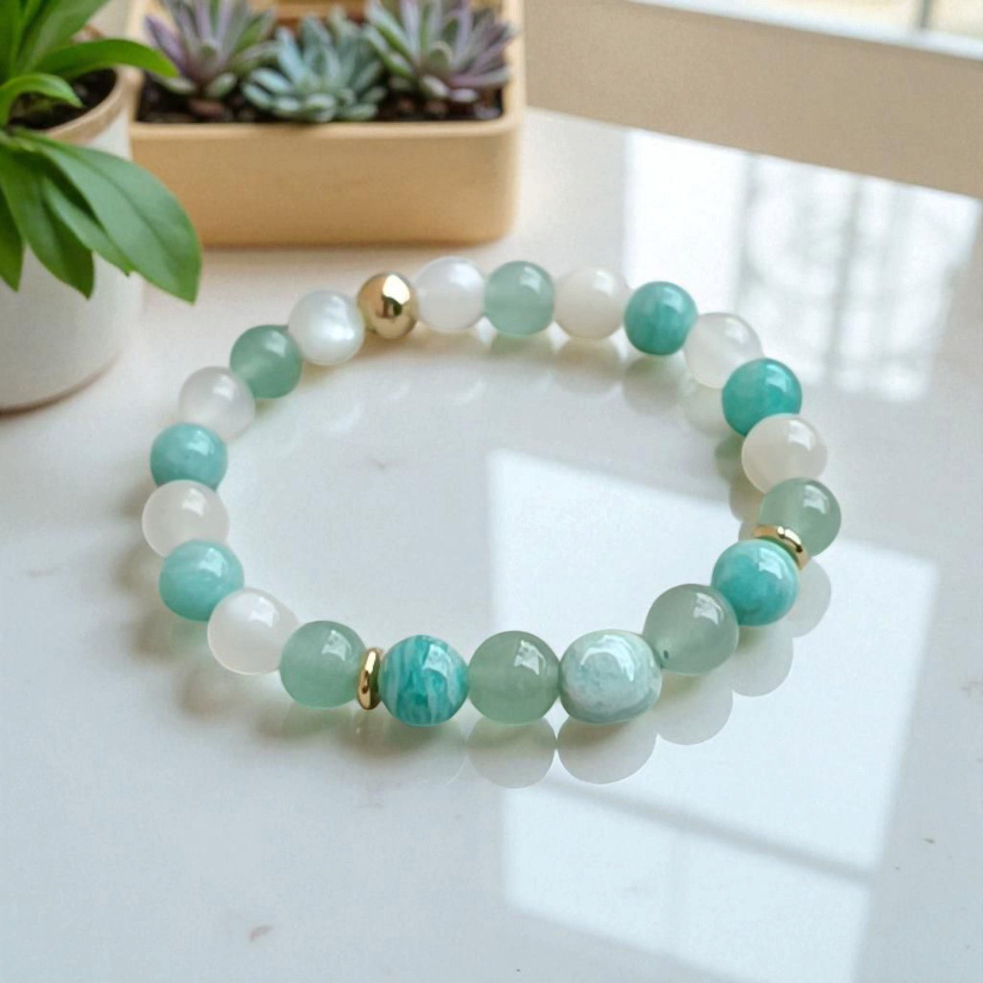 Bracelet Femme en Pierres Naturelles – Amazonite, Aventurine & Pierre de Lune - Douceur, Harmonie, Intuition - Bijou Énergétique Fait à la Main Lithostone Creations