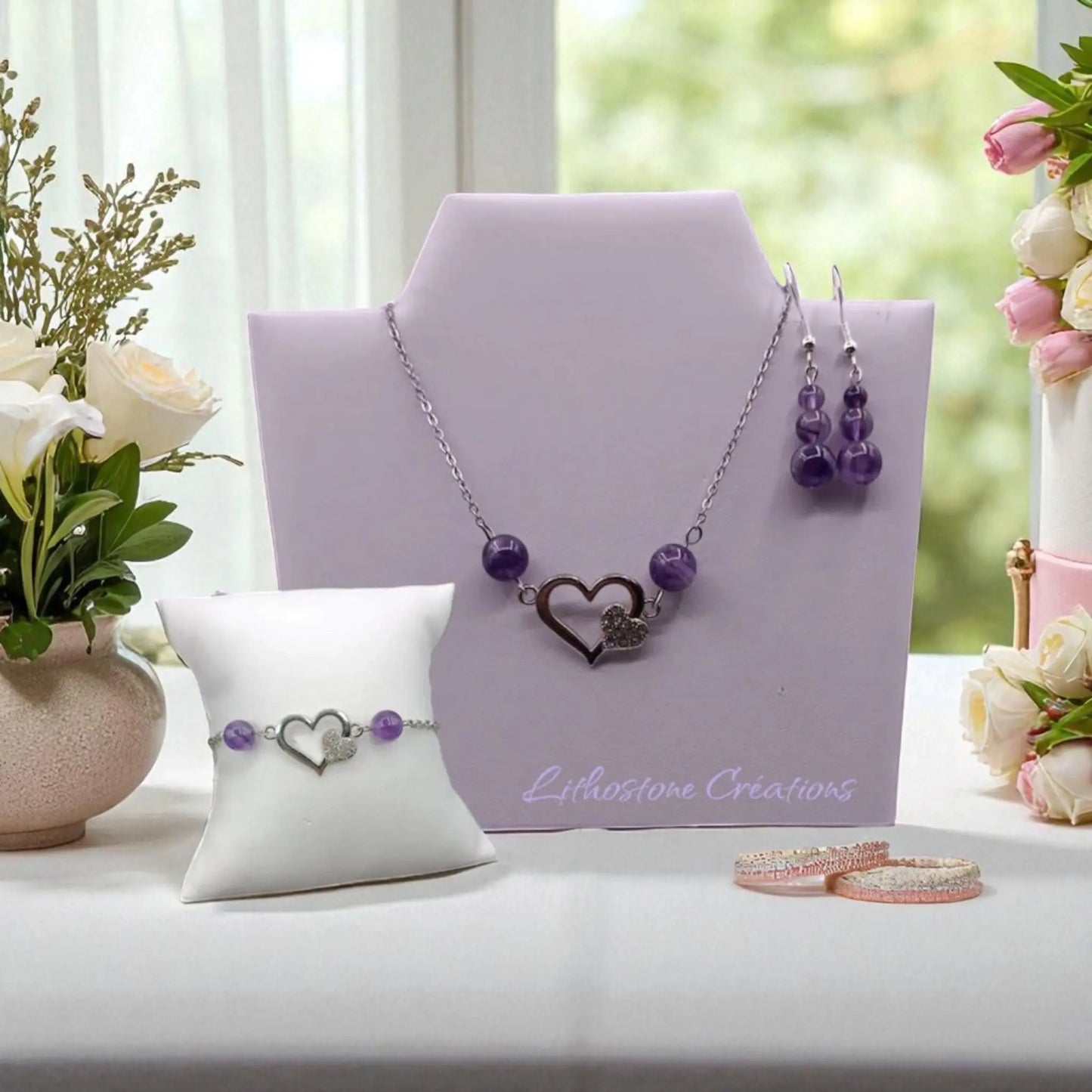 Parure Améthyste – Pierre Naturelle et Cœurs, Fait Main Lithostone Creations