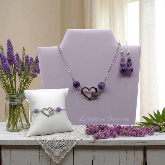 Parure Améthyste – Pierre Naturelle et Cœurs, Fait Main Lithostone Creations
