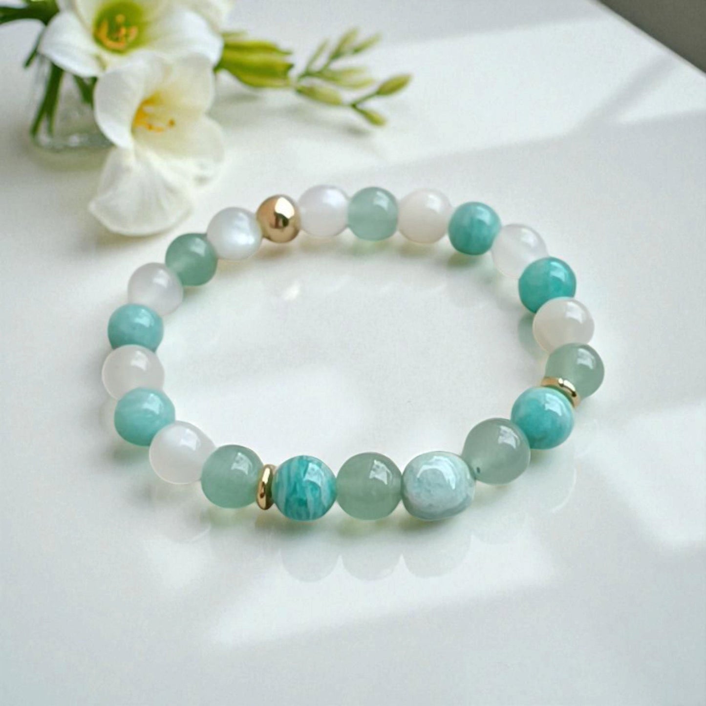 Bracelet Femme en Pierres Naturelles – Amazonite, Aventurine & Pierre de Lune - Douceur, Harmonie, Intuition - Bijou Énergétique Fait à la Main Lithostone Creations