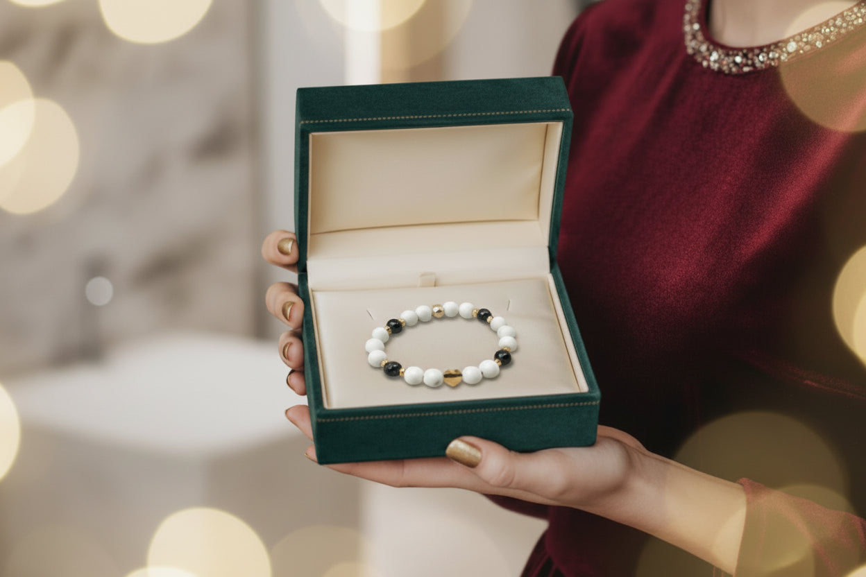 Bracelet en Howlite & Agate Noire – Harmonie & Protection