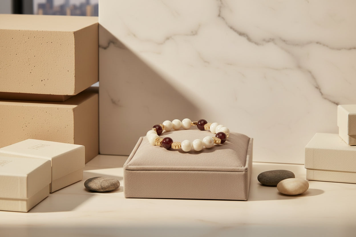 Bracelet en Nacre & Grenat – Douceur & Vitalité