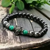 Bracelet Homme Tête de Loup – Hématite, Malachite & Agate Noire | Force & Protection | Fait Main Lithostone Creations