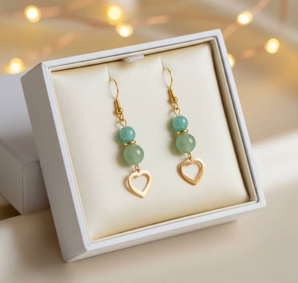 Boucles d’oreilles en Aventurine & Amazonite – Cœur doré & Harmonie intérieure