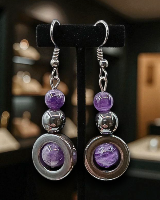 Boucles d’Oreilles Améthyste & Hématite – Harmonie et Protection