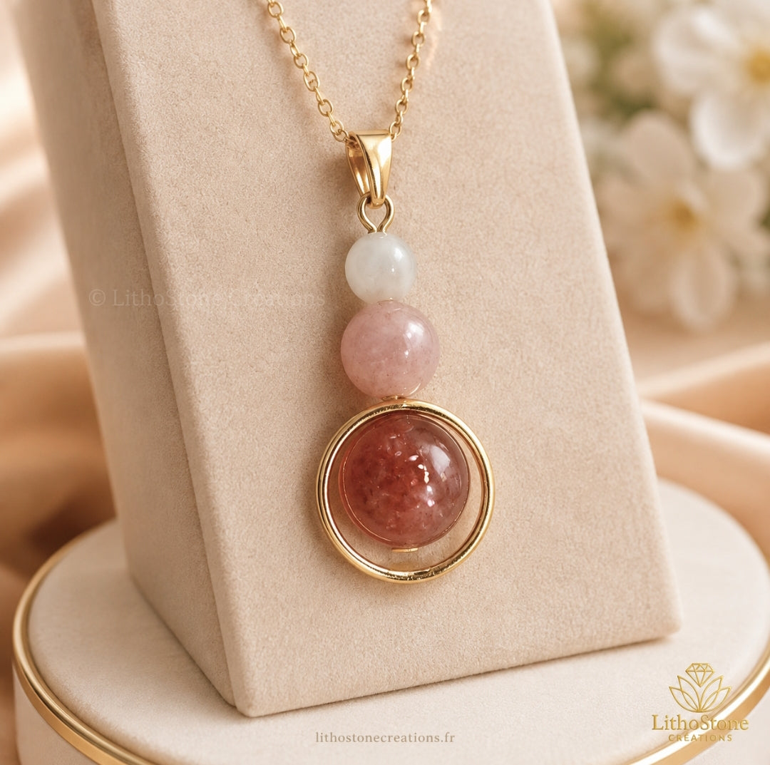 Collier Pendentif Pierre de Lune & Pierre de Soleil - Fait Main en France - Lithostone Creations