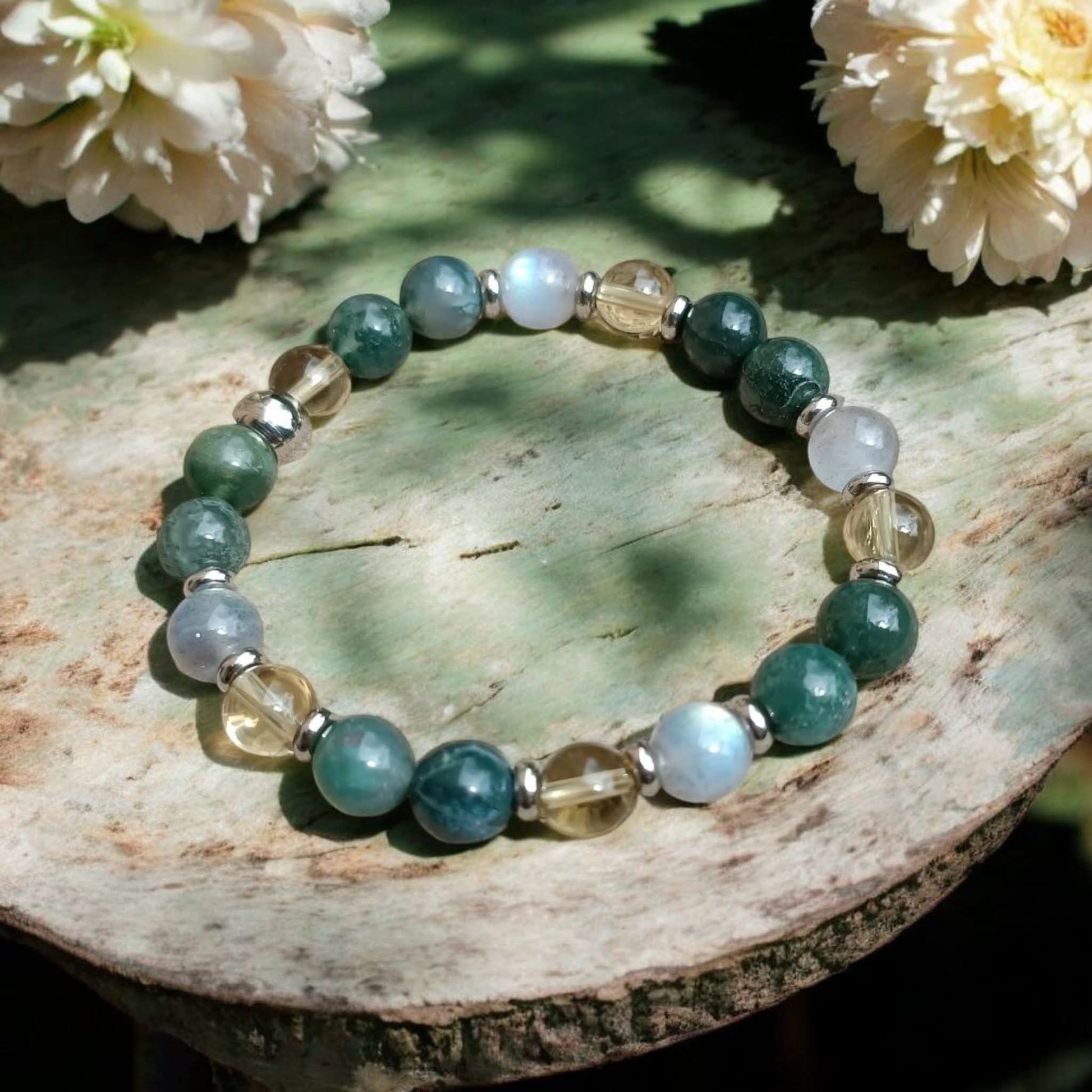 Bracelet fait main en Agate Mousse, Citrine & Labradorite – Énergie & Protection Lithostone Creations