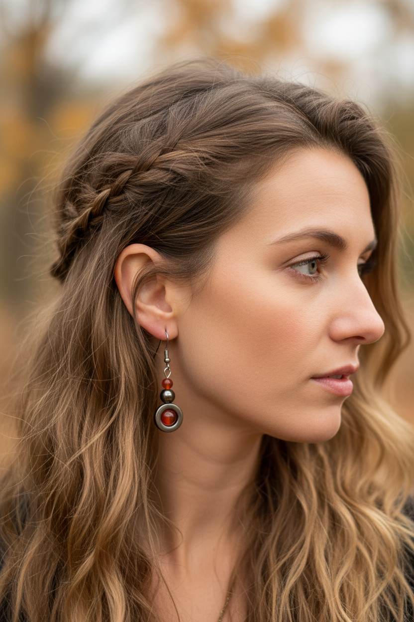 Boucles cornaline portées gros plan