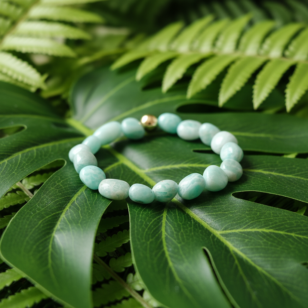 Bracelet amazonite gros plan feuilles