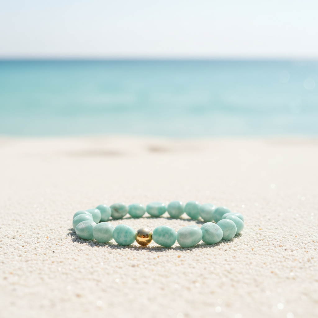 Bracelet amazonite gros plan plage