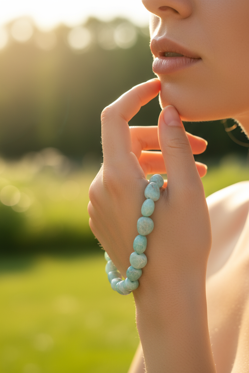 Bracelet amazonite porté menton
