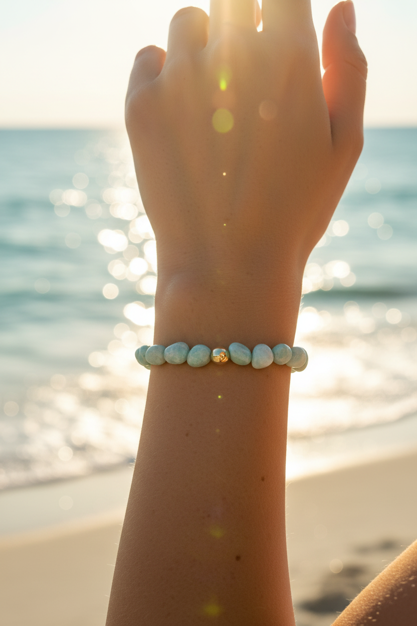 Bracelet amazonite porté poignet plage soleil