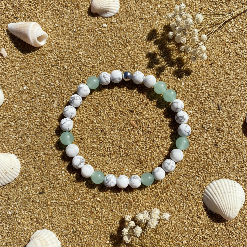 Bracelet flat lay sable coquillages