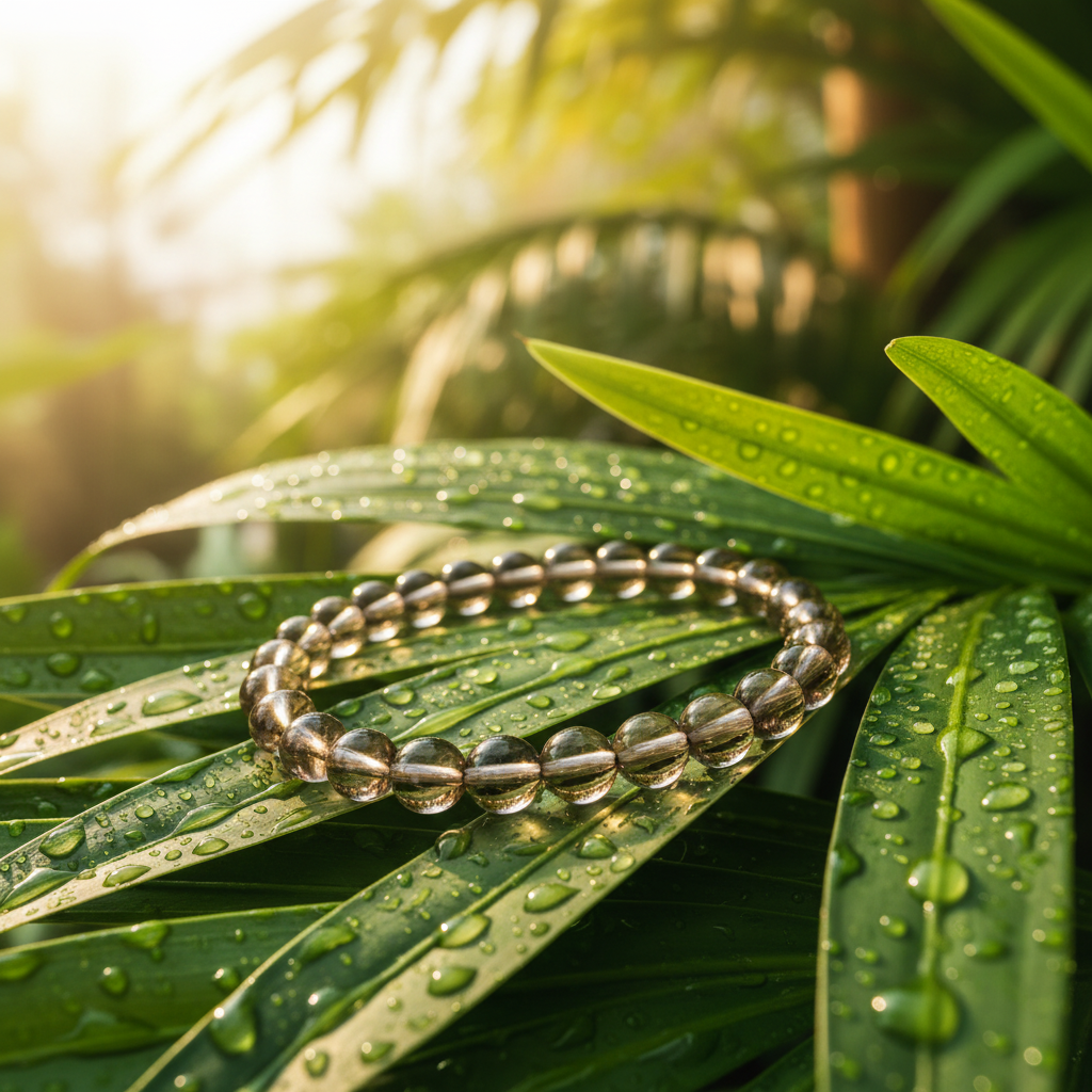 Bracelet quartz fumé feuilles rosée