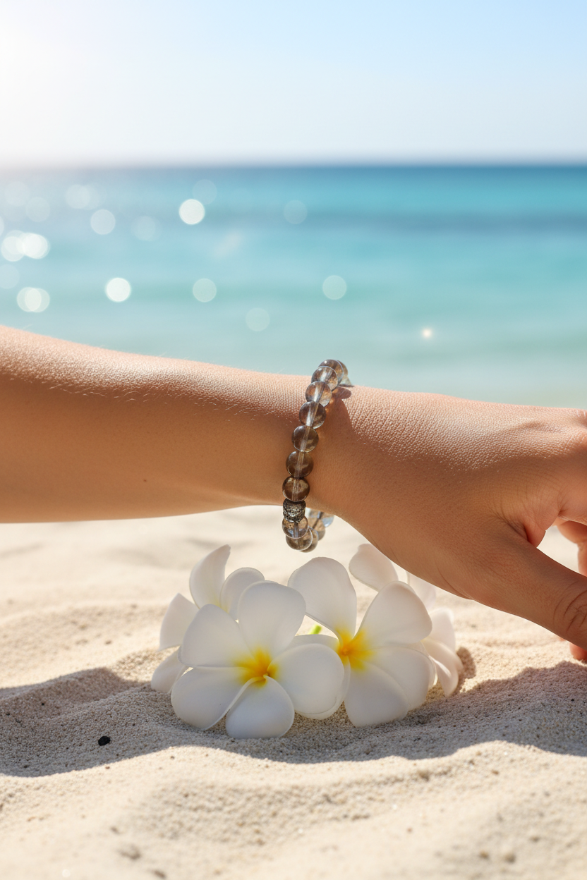 Bracelet quartz fumé porté poignet plage