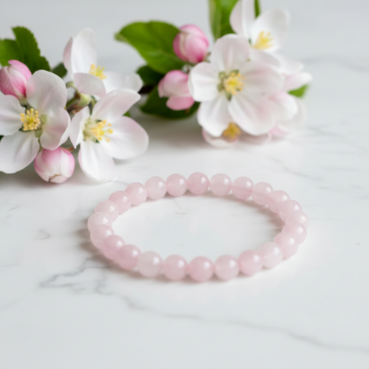 Bracelet quartz rose avec fleurs de pommier