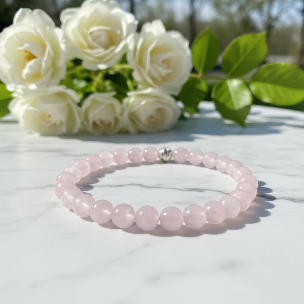 Bracelet quartz rose avec roses blanches