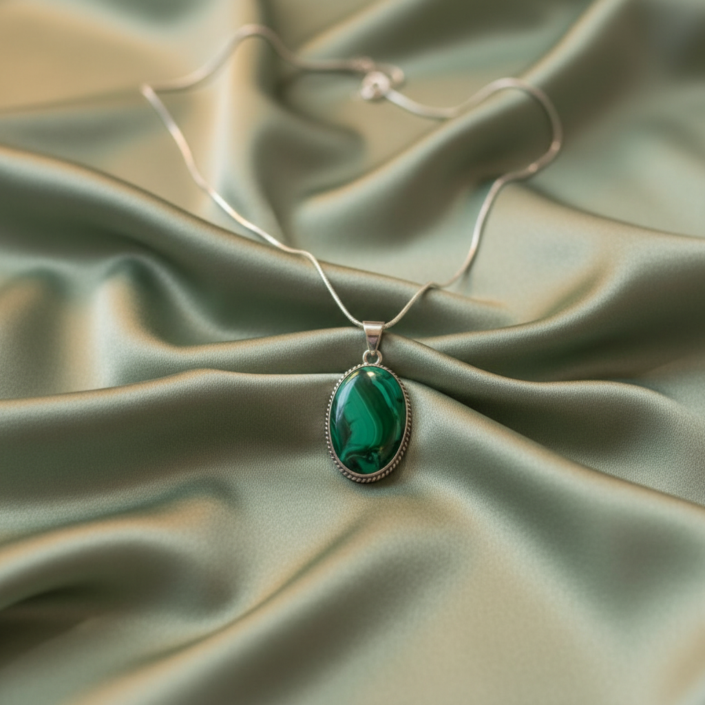 Collier malachite soie sauge