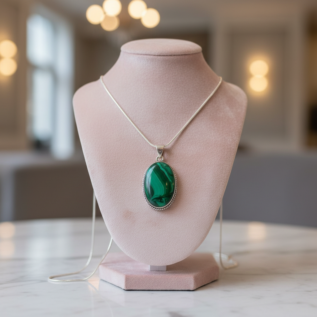 Collier malachite velours rose
