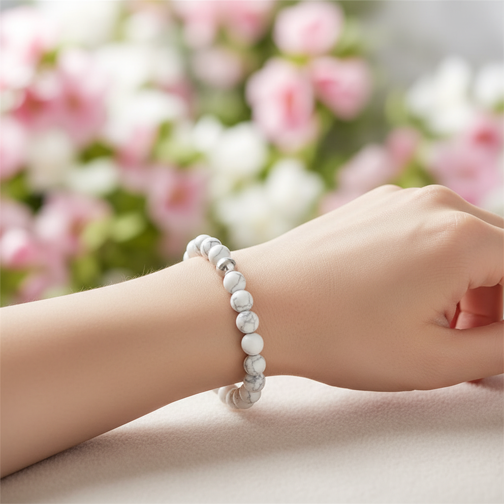 Dame avec bracelet howlite - pose élégante