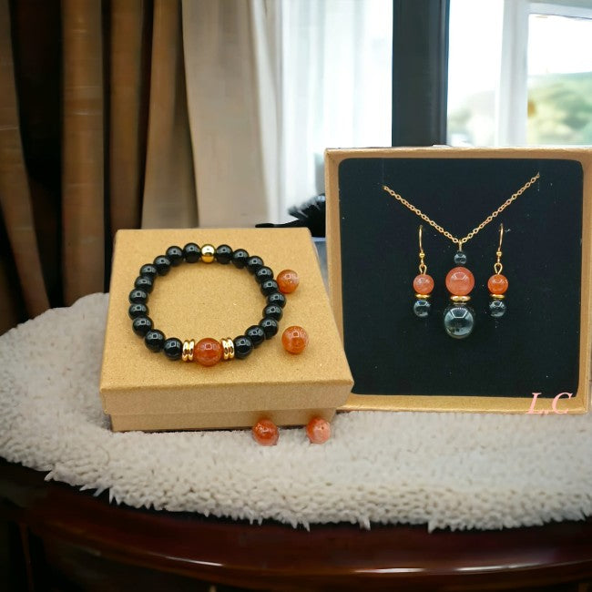 Parure en Pierre de Soleil et Agate noire. Pierres Naturelles. Faite à la main. Bijoux. Cadeaux.