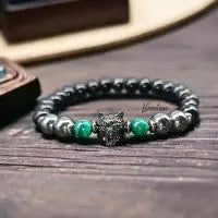 Bracelet Homme Tête de Loup – Hématite, Malachite & Agate Noire | Force & Protection | Fait Main Lithostone Creations