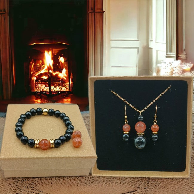 Parure en Pierre de Soleil et Agate noire. Pierres Naturelles. Faite à la main. Bijoux. Cadeaux.