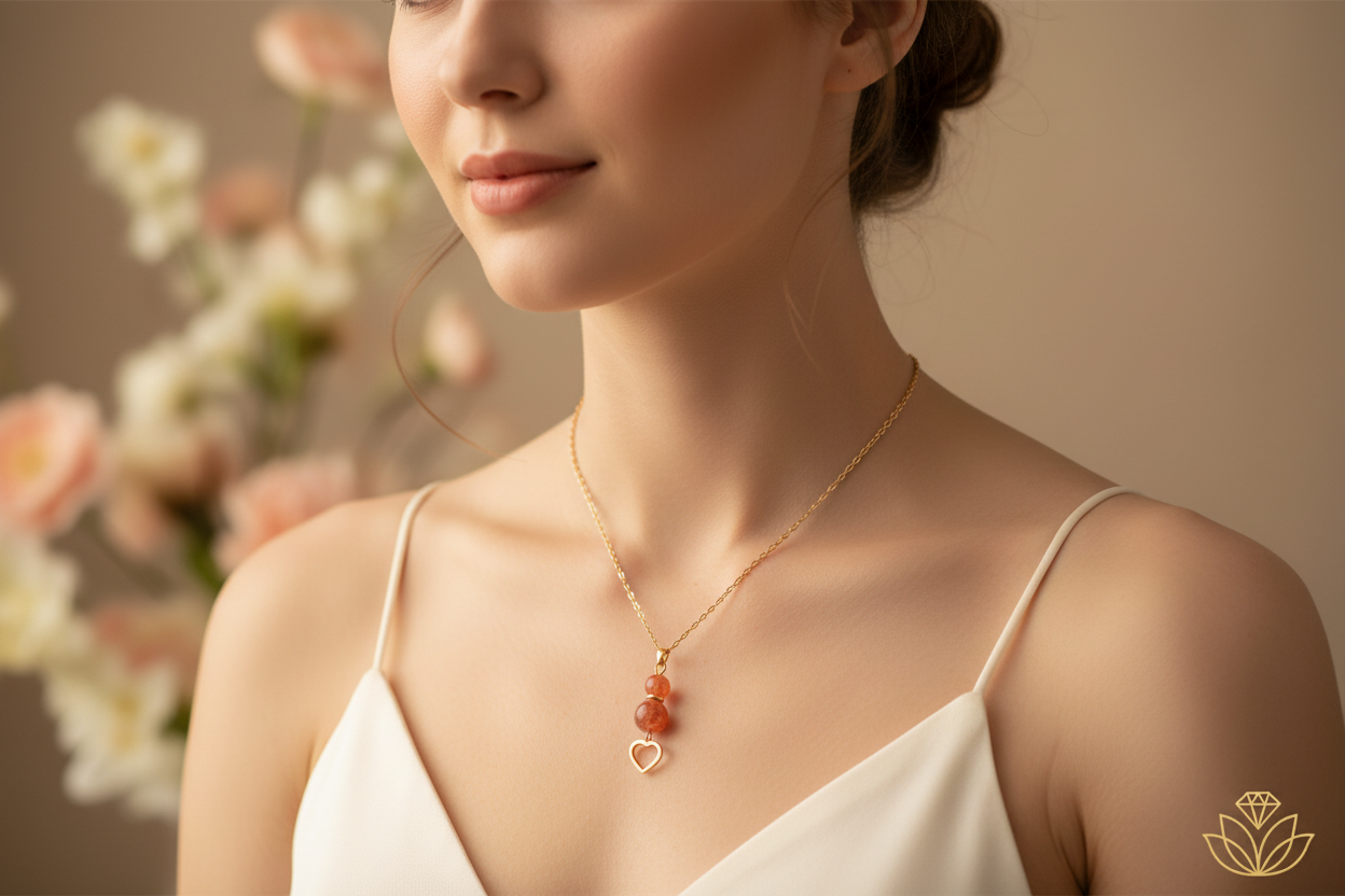 Femme collier pierre de soleil romantique