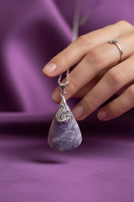 Femme touchant le pendentif