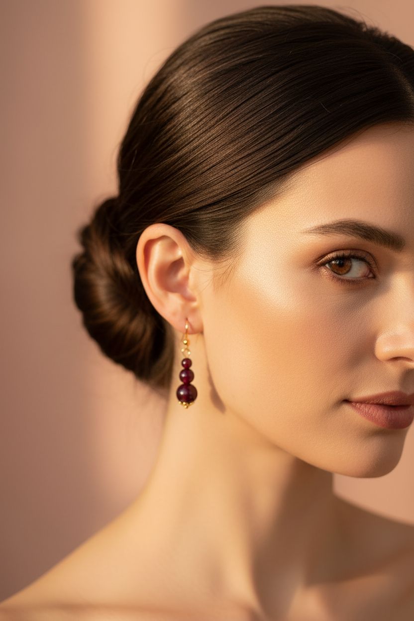 Gros plan femme - chignon élégant, bokeh rose gold