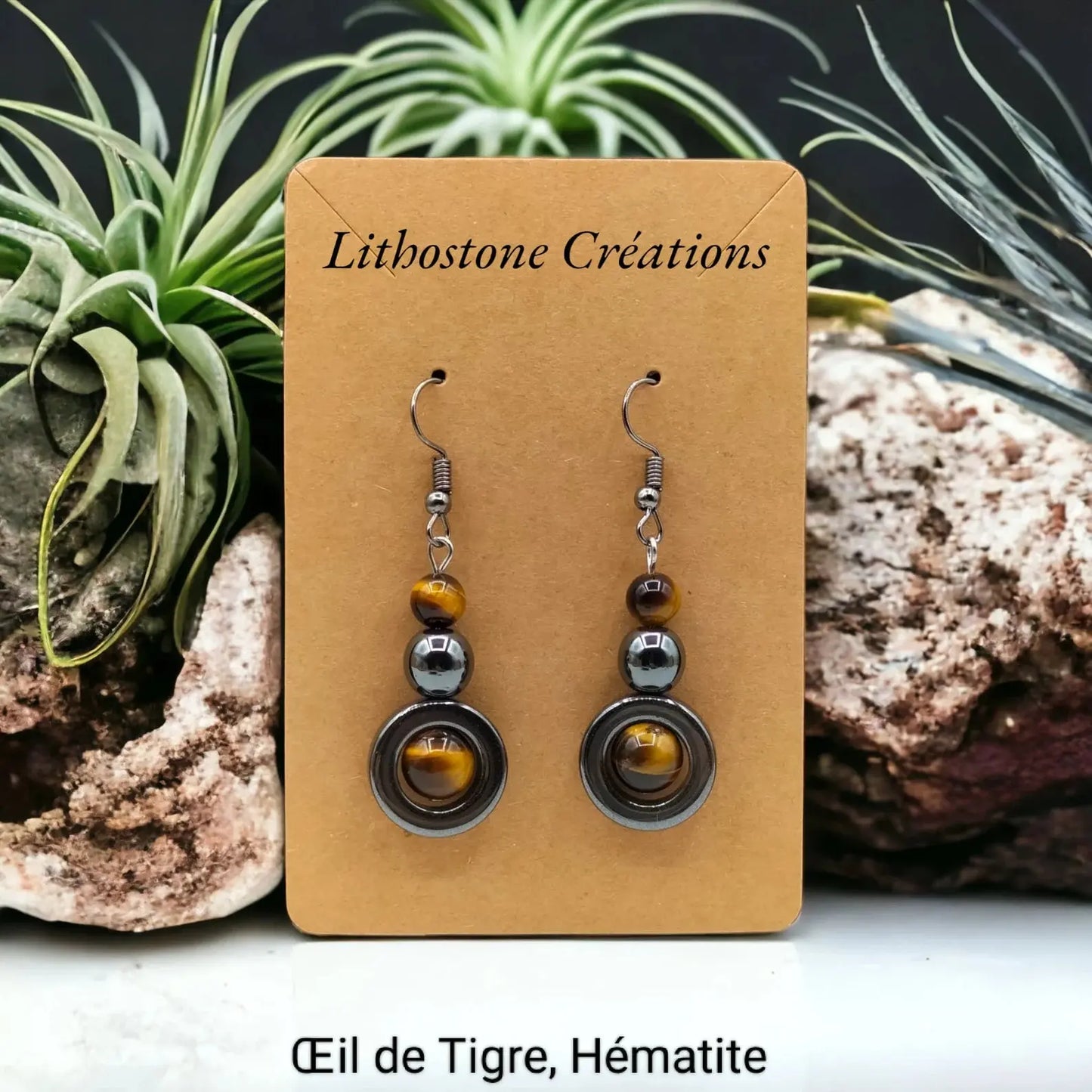 Boucles d’Oreilles Œil de Tigre & Hématite – Force & Protection | Pierres Naturelles Fait Main Lithostone Creations