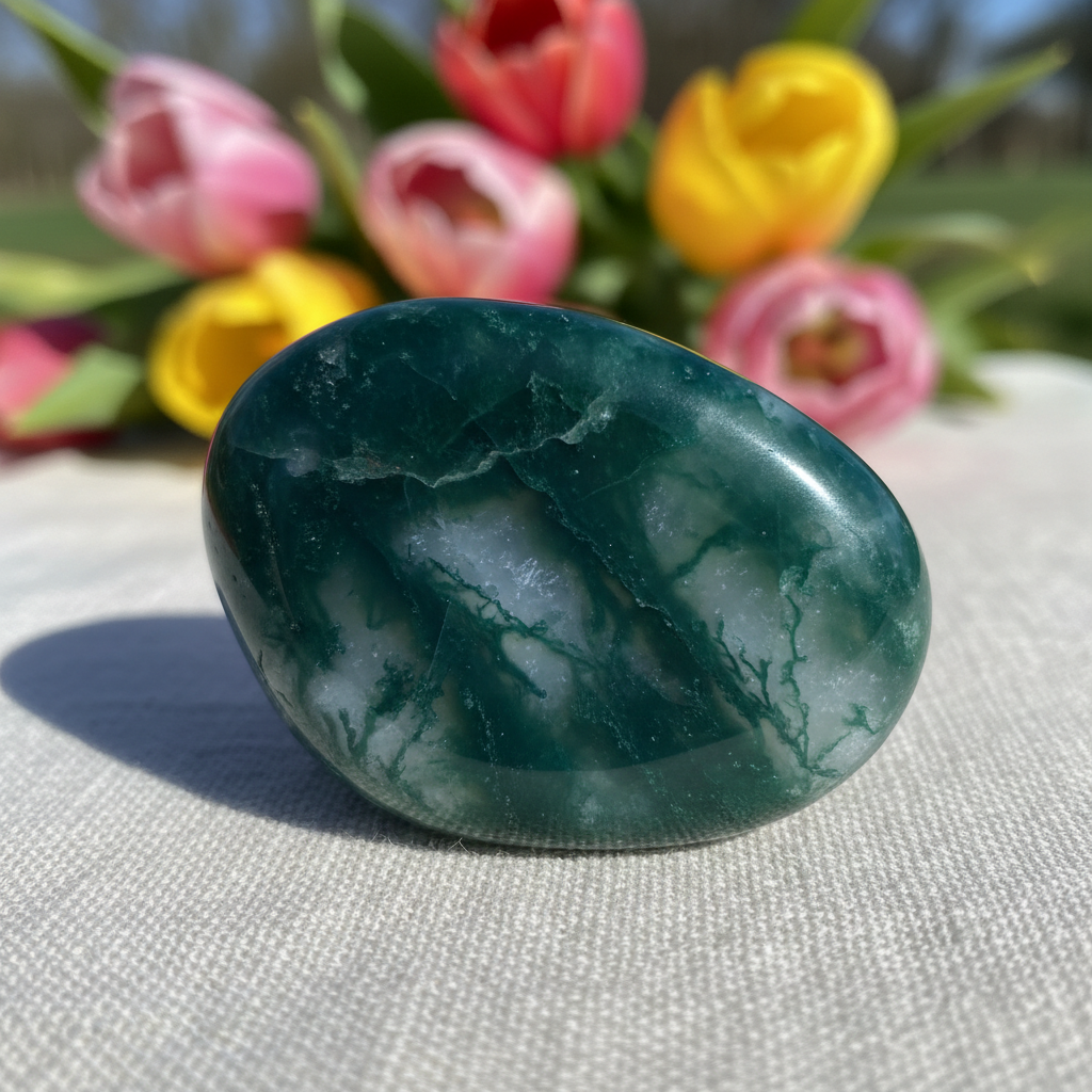 Pierre agate mousse verte sur lin