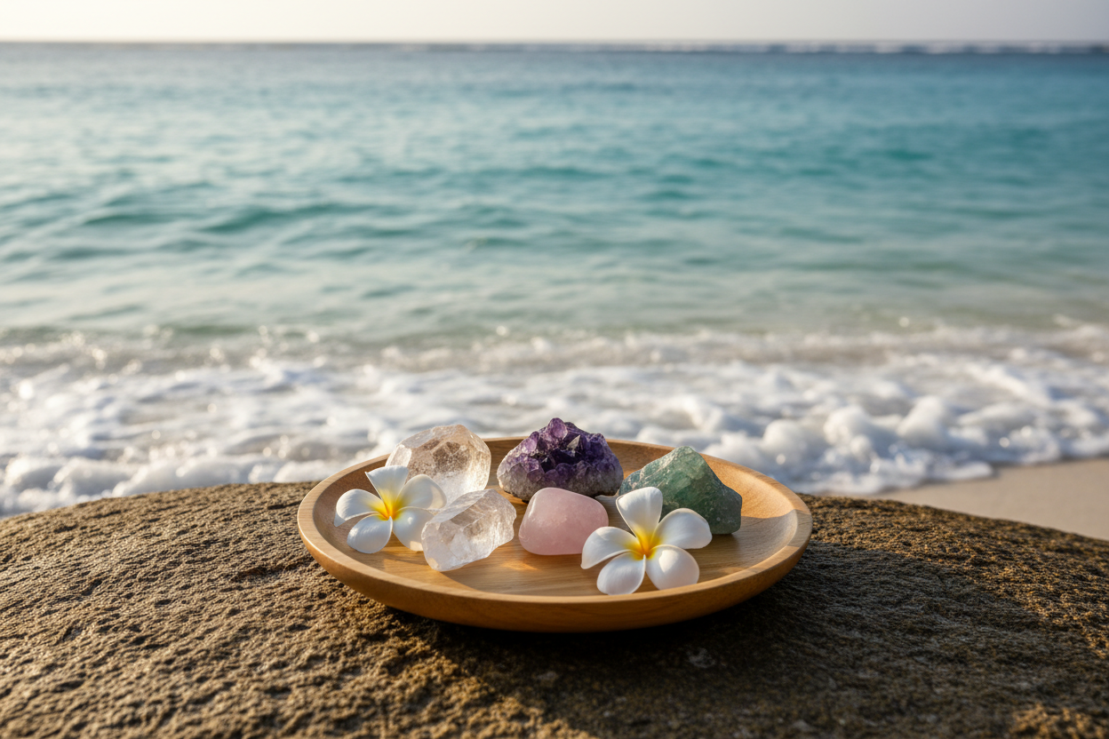 Plateau rond bois pierres zen bord de mer