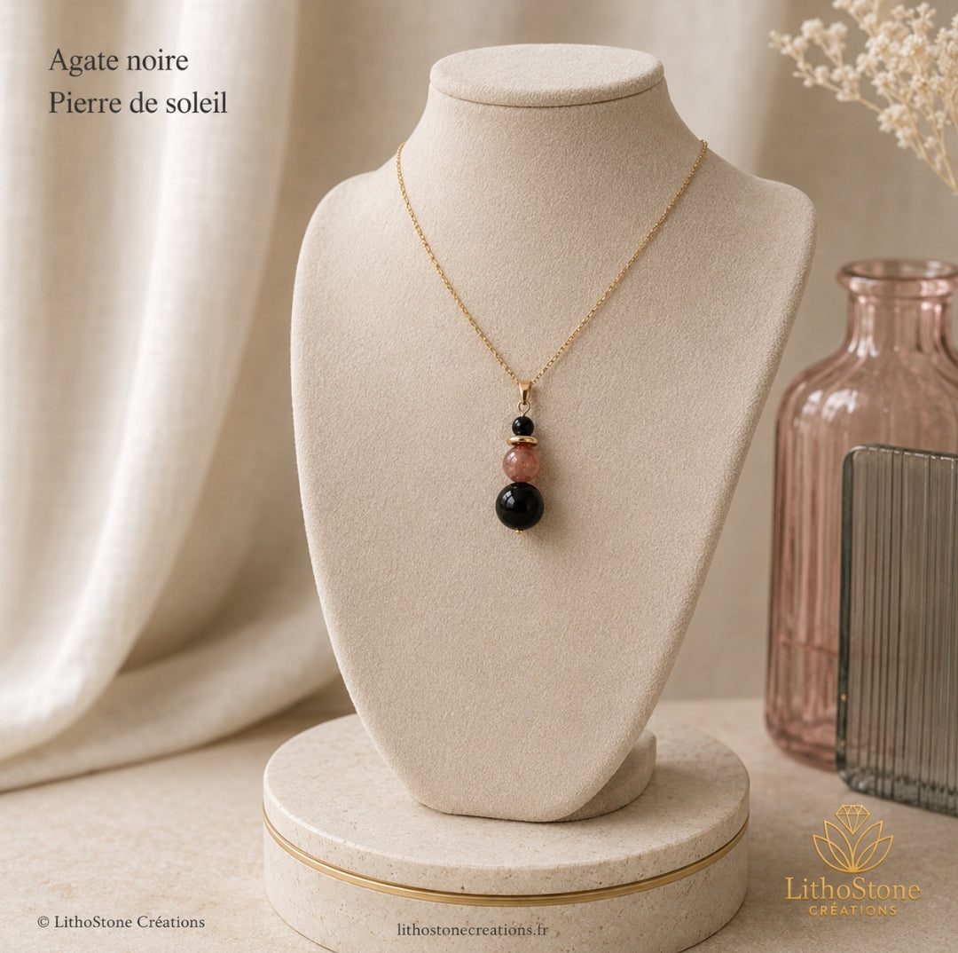 Collier Agate Noire & Pierre de Soleil - Pierre Naturelle