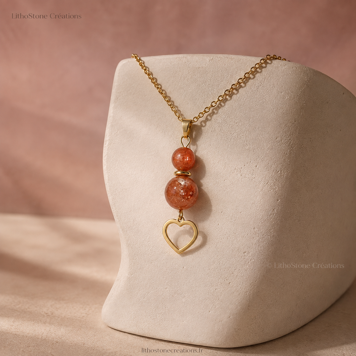 Collier Pierres de Soleil & Cœur Acier - Lithostone