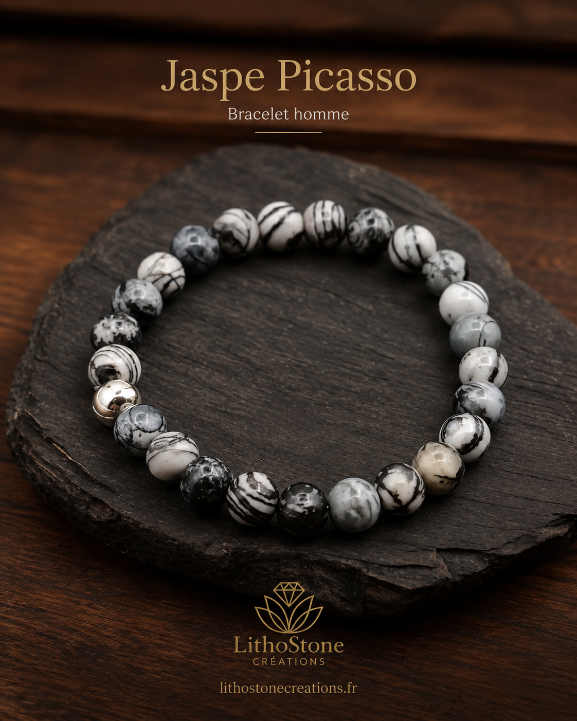 Bracelet Homme Jaspe Picasso – Stabilité & Créativité - Pierre Naturelle Fait Main