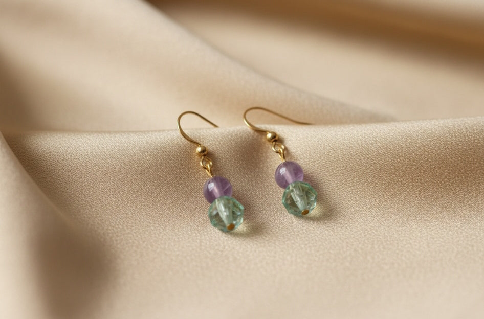 Boucles d’Oreilles Fluorite & Améthyste – Clarté & Sérénité - Pierres Naturelles - Fait Main