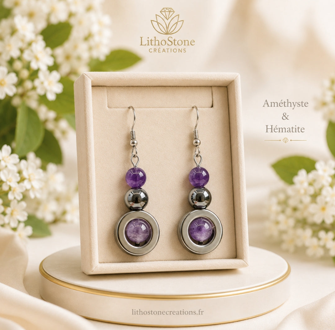 Boucles d’Oreilles Améthyste & Hématite – Harmonie et Protection