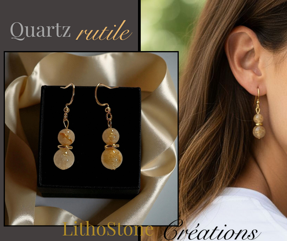 Boucles d’oreilles Quartz Rutile Doré – Énergie, Clarté et Confiance