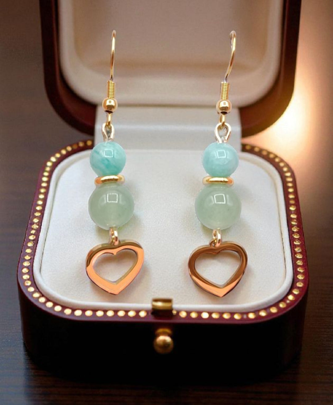 Boucles d’oreilles en Aventurine & Amazonite – Cœur doré & Harmonie intérieure