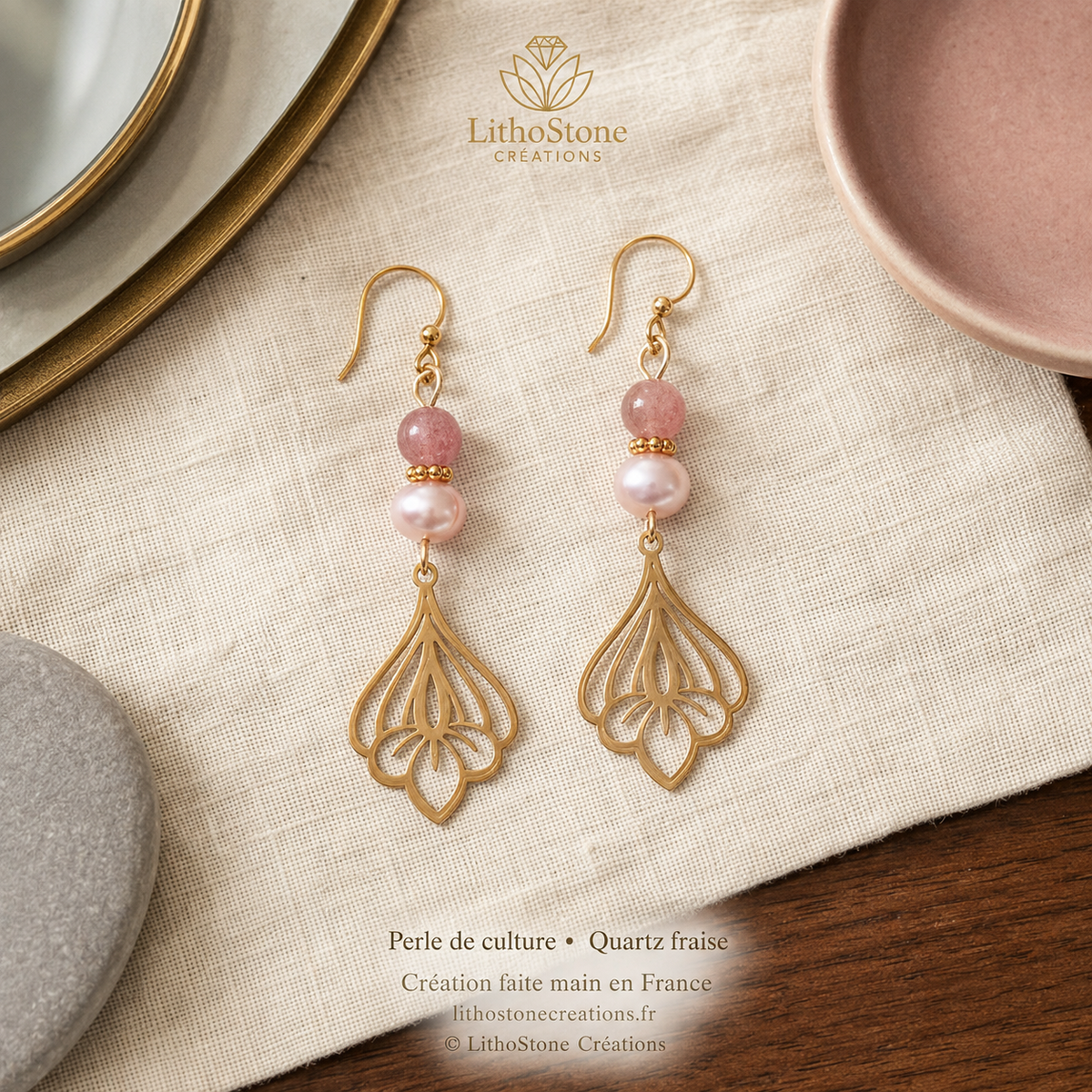 Boucles d'oreilles Pendantes Quartz Fraise & Perle de Culture Baroque - Faites Main